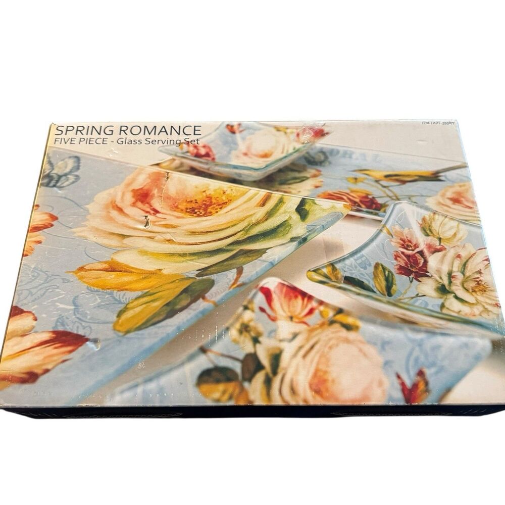 NEW Spring Romance 5-Piece Glass Serving Set‎ Blue Floral Platters Bowls